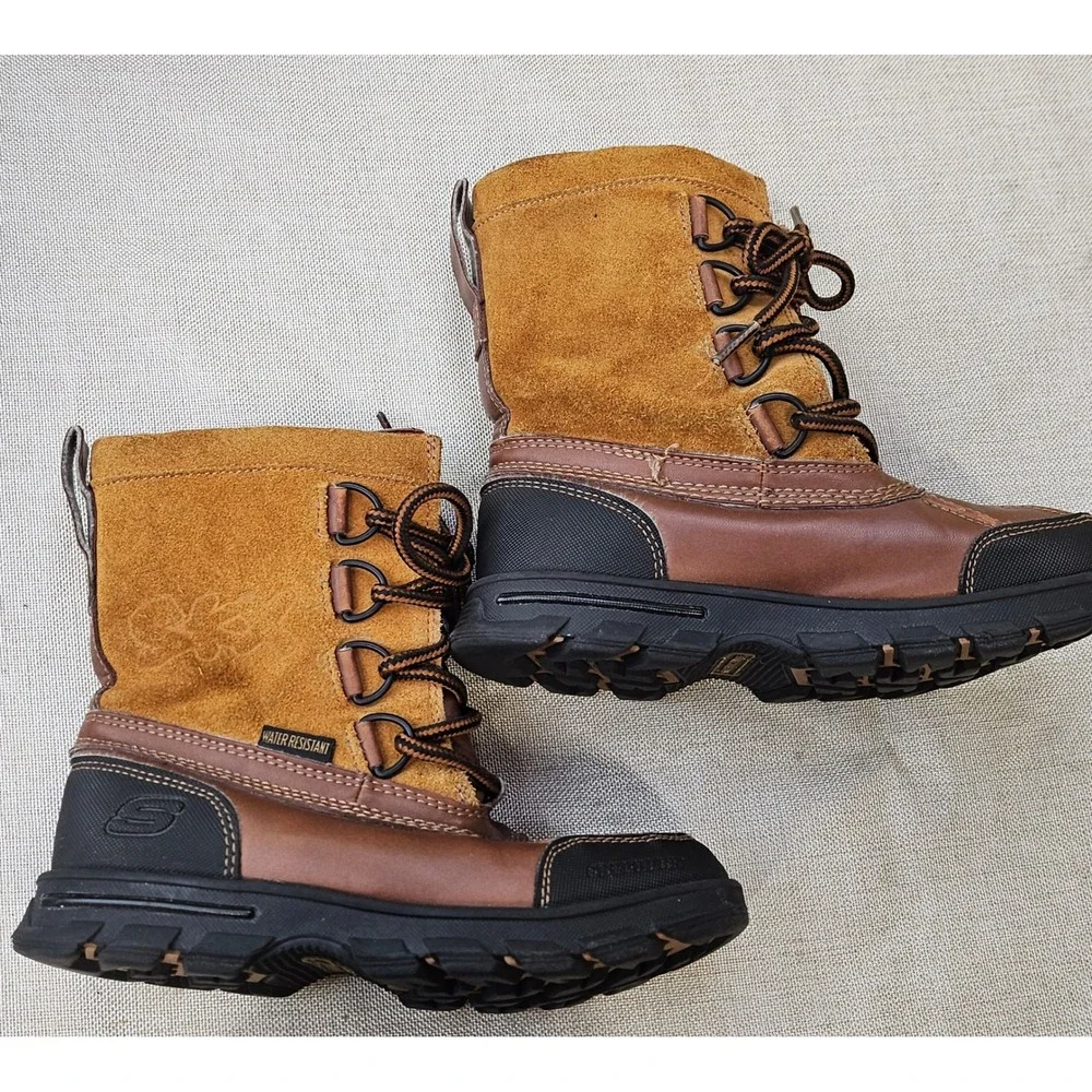 Skechers Duck Boots Youth 1 Brown Water Resistant Leather Suede Winter SN 93867L
